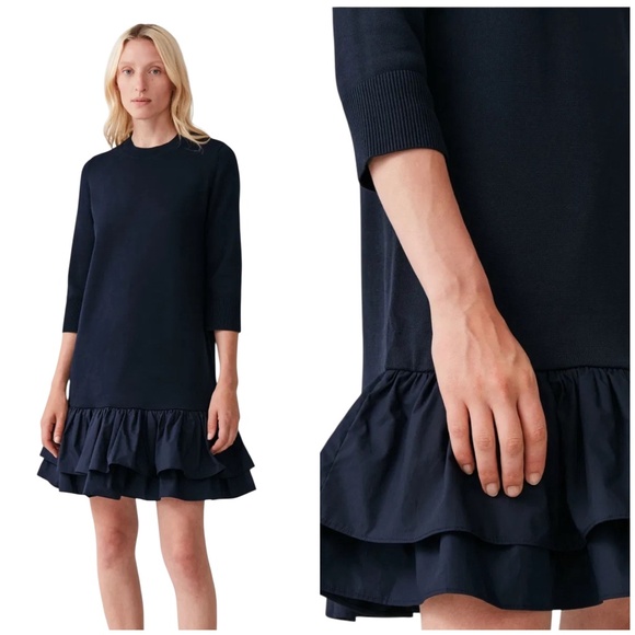 COS KNITTED DRESS WOVEN PLEATS 3/4 SLEEVE PULL ON MODERN PREPPY CONTEMPORARY XS - Picture 1 of 11